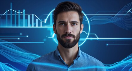 Caucasian man on blue theme virtual signal layers background design template banner with copy space
