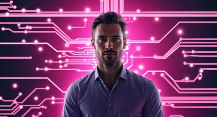 Poster - Caucasian man on pink theme glowing tech circuit background design template banner with copy space