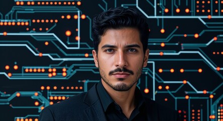 Poster - Hispanic man on black theme digital network circuit background design template banner with copy space