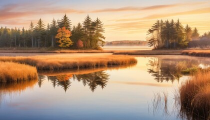 Poster - Serene lake surrounded by lush reeds and tall trees providing a picturesque natural landscape for outdoor enthusiasts