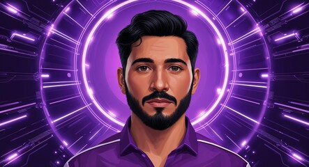 Poster - Hispanic man on purple theme futuristic technology pattern background design template banner with copy space