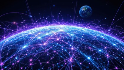 Fototapete - Planet surrounded by network lines symbolizing global connectivity and digital interaction in a futuristic environment