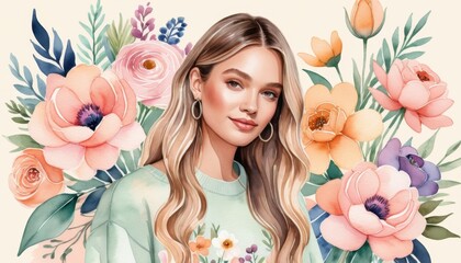 Poster - Elegant woman with beautiful flowers adorning her hair, radiating natural beauty in a serene outdoor setting