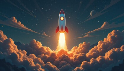 Poster - Rocket flying through the soft white clouds in a bright blue sky symbolizing exploration and innovation