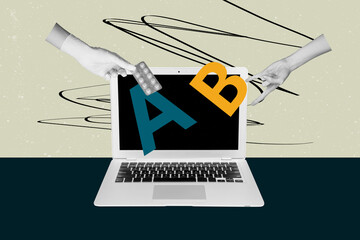 Fototapete - Creative full artwork collage of hands show laptop open screen device hold letters programming software technology hacking