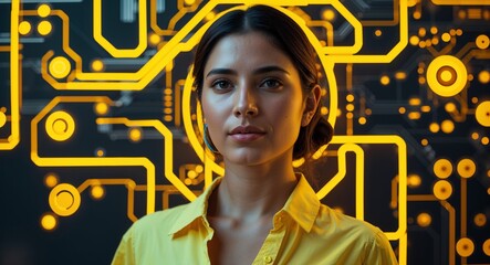 Poster - Hispanic woman on yellow theme glowing tech circuit background design template banner with copy space
