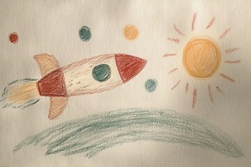 space pictures drawn by a little boy, a young child's imagination and drawing skills