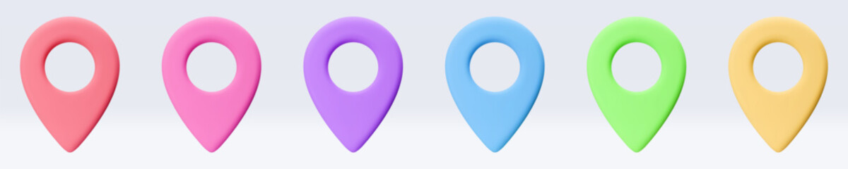 Poster - Set of colored location pointer, placemark, marker of map, navigation pin sign. 3d GPS icon with shadow. Sign for searching on map direction. Vector render illustration isolated on white background
