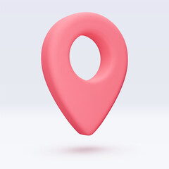 Poster - Red location pointer, placemark, marker of map, navigation pin sign. 3d GPS icon with shadow. Sign for searching on map direction. Vector render illustration isolated on white background