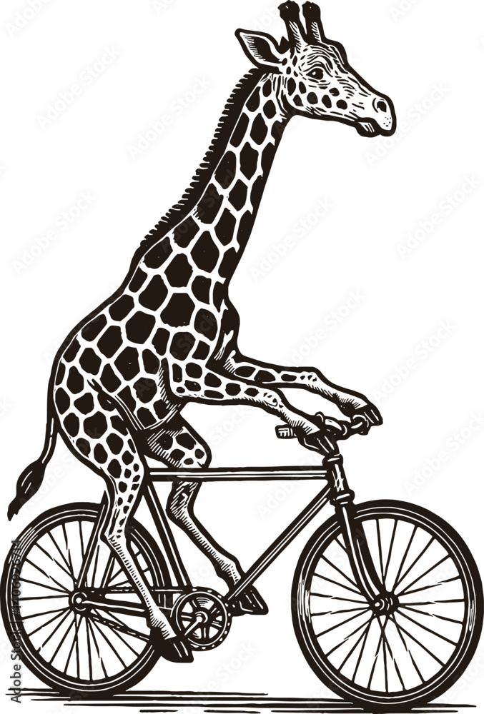 Giraffe Rides Jpeg File giraffe rides a bicycle style engraving stamp hand drawn vector Stock ...