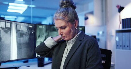 Poster - Computer screen, massage and neck pain with woman in surveillance control room for safety or security. CCTV, inflammation or injury and mature government officer at headquarters for law enforcement
