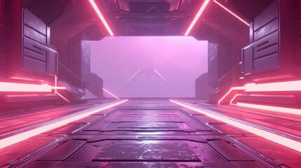 Poster - Futuristic Sci-Fi Corridor with Neon Lights and Abstract Atmosphere