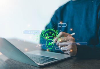 Fototapete -   Business data using AI technology background using computer customer service showing data connection storing various data with AI to help simplify documents
