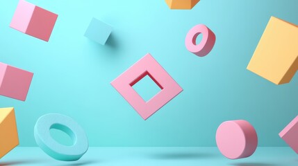 Poster - Colorful Geometric Shapes Floating Against a Blue Background