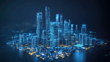 Poster - Futuristic Cityscape with Neon Glow and Digital Architecture Elements