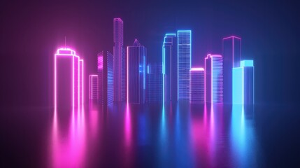 Poster - Futuristic Neon City Skyline with Reflections at Night