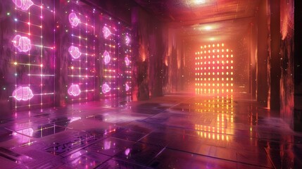 Poster - Futuristic Neon Hallway with Reflections and Colorful Lights