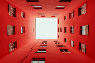 Poster - Abstract Futuristic Architecture with Geometric Red Facade and Sharp 3D Design Elements, Generative AI
