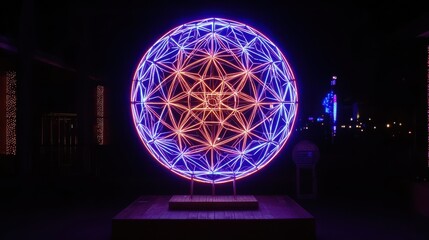 Poster - Bright Neon Flower of Life Design in Night Scene with Abstract Style