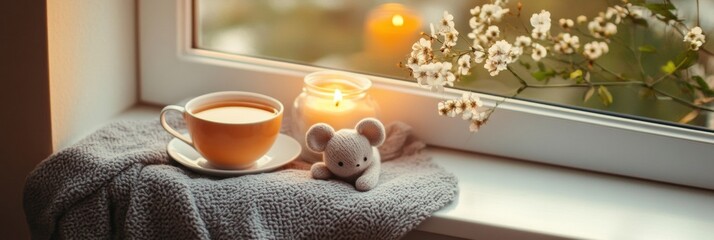 Leinwandbilder - Cozy window sill with tea, candle, and mouse plushie creates a peaceful atmosphere in the soft afternoon light