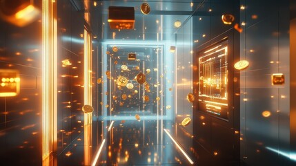 Poster - Futuristic Corridor with Floating Coins and Energetic Light Effects