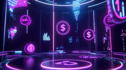 Poster - Digital Financial Market Background with Neon Icons and Graphs