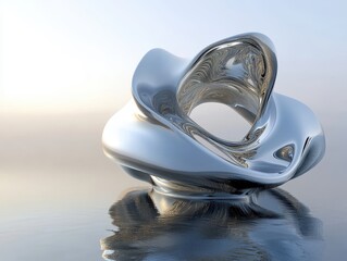 Poster - Abstract Metallic Sculpture Reflecting Light on Calm Water Surface