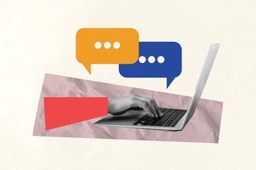 Aufkleber - Composite artwork photo collage trend template of hand hold type laptop keypad online speech texting conversation sms note chatting bubble
