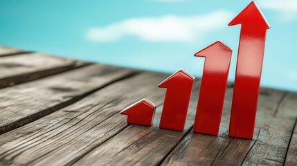 Poster - Red Graph Arrows Representing Growth on Wooden Table Against Blue Sky
