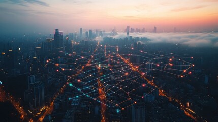 Poster - Urban skyline with network visualization and glowing connectivity paths
