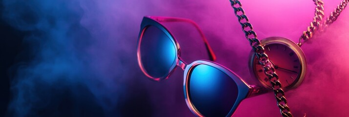 Aufkleber - Stylish fashion accessories including watches, chains, and sunglasses showcased against a vibrant dark gradient background with colorful fog accents