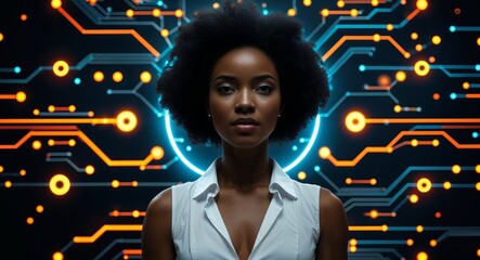 Aufkleber - African woman on black theme glowing tech circuit background design template banner with copy space