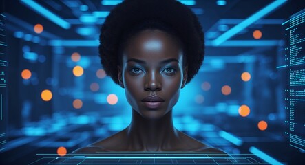 Poster - African woman on blue theme cyber data interface background design template banner with copy space