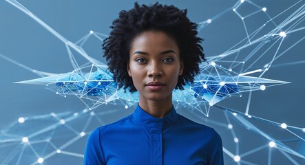 Poster - African woman on blue theme innovative tech structure background design template banner with copy space