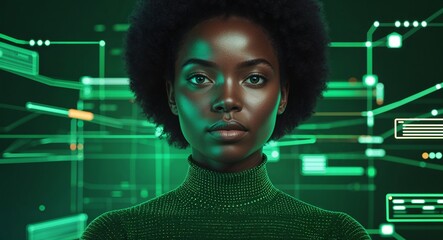 Poster - African woman on green theme cyber data interface background design template banner with copy space