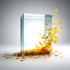 Poster - Autumnal Cascade: Golden Leaves Tumbling Around a Glass Block in a Minimalist Composition.