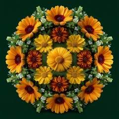Poster - Floral Symmetry: A Beautiful Mandala of Rudbeckia and Delicate White Blooms on a Deep Green Background.