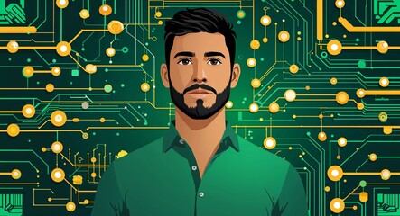 Aufkleber - Hispanic man on green theme digital network circuit background design template banner with copy space