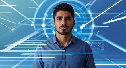 Poster - Hispanic man on blue theme virtual signal layers background design template banner with copy space
