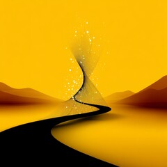Poster - Golden Pathway: A Winding Road to Illumination in an Abstract Landscape with Mountain Silhouettes 