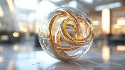 Glass sphere with gold intertwined rings.