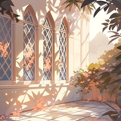Poster - A building with arched windows and diamond panes casting shadows in a garden with pink flowers