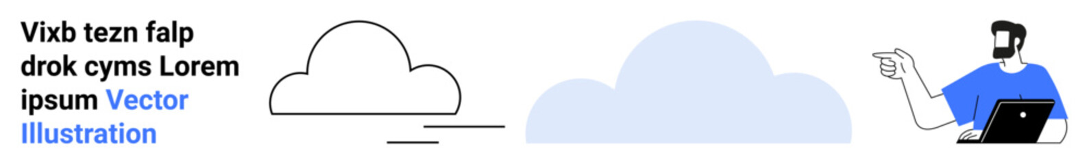 Poster - abstract cloud illustrations alongside a man using a laptop, pointing at data. ideal for technology,