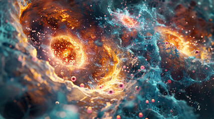 Poster - Abstract depiction of a nebula with swirling blues and oranges in a cosmic space scene view