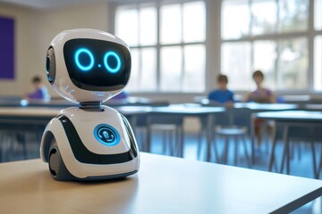 Poster - Robot assistant in classroom engaging with students during a learning session