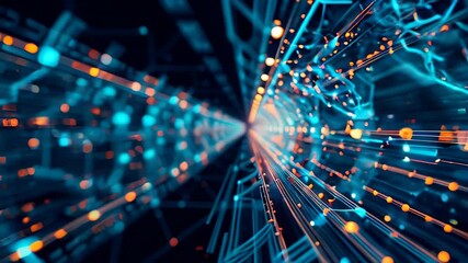 Poster - Bright blue technology backdrop with glowing fiber optics and colorful light motion design