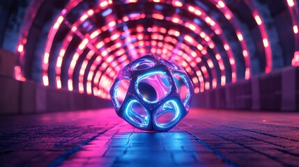 Poster - A captivating geometric figure rests centrally, bathed in lively neon hues, contrasting with the glowing tunnel backdrop. The atmosphere is electric and surreal, inviting wonder and curiosity
