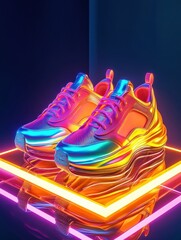 Fototapete - Trendy sneakers in bold neon colors showcased on a glowing pedestal in a futuristic fashion setting