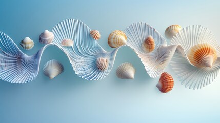 Poster - Abstract Composition of Shells and Waves in Soft Pastel Tones
