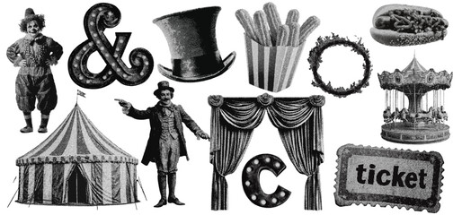 Wall Mural - set of circus entertainment halftone grunge vector design elements